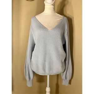 Gentle Fawn Light Blue Hailey Balloon Sleeve Pointelle Sweater XL